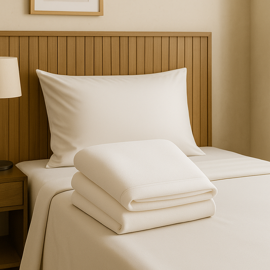 סט מצעים לבן על מיטת יחיד במראה מוסדי מוקפד – כולל סדין מתוח, ציפת פוך וציפית, על רקע חדר נקי ומואר בעיצוב מלונאי. אידיאלי לשימוש בבתי מלון, בתי חולים, מוסדות רווחה ופנימיות.