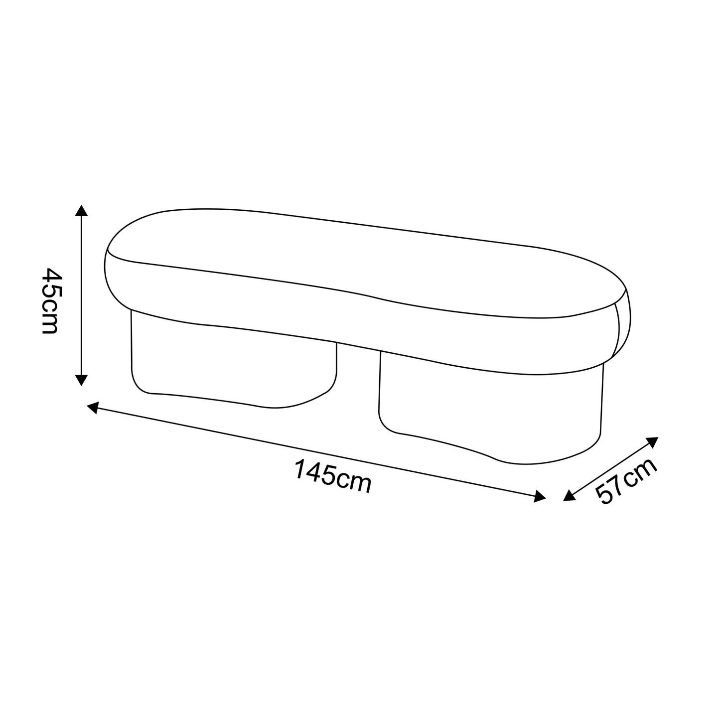 תרשים מידות ספסל Vani – אורך 145 ס"מ, רוחב 57 ס"מ, גובה 45 ס"מ