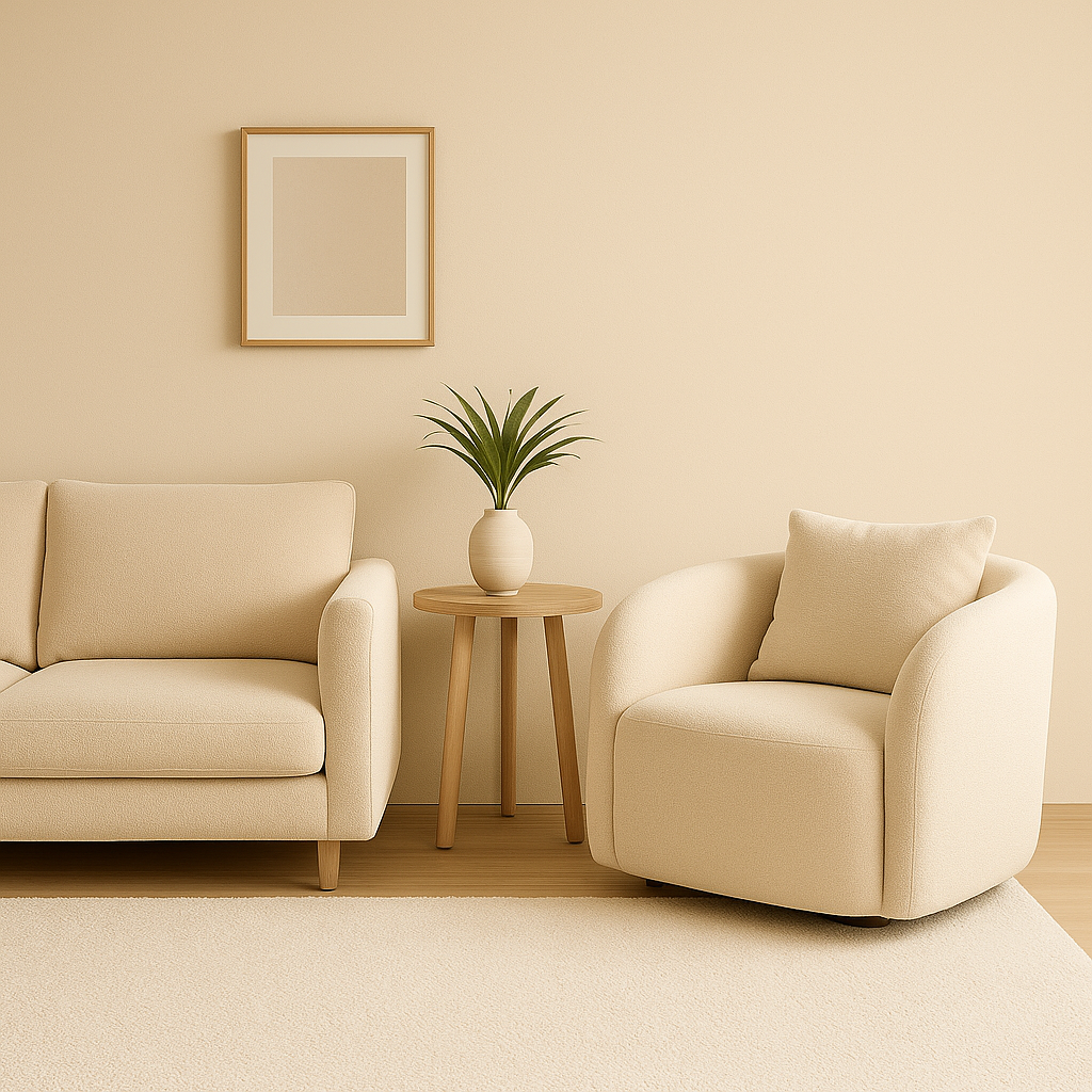 פינת סלון מעוצבת בסגנון DreamIt עם ספת רביצה מבד שמנת, כריות רכות, שולחן צד קטן ועציץ ירוק, עיצוב נקי ו