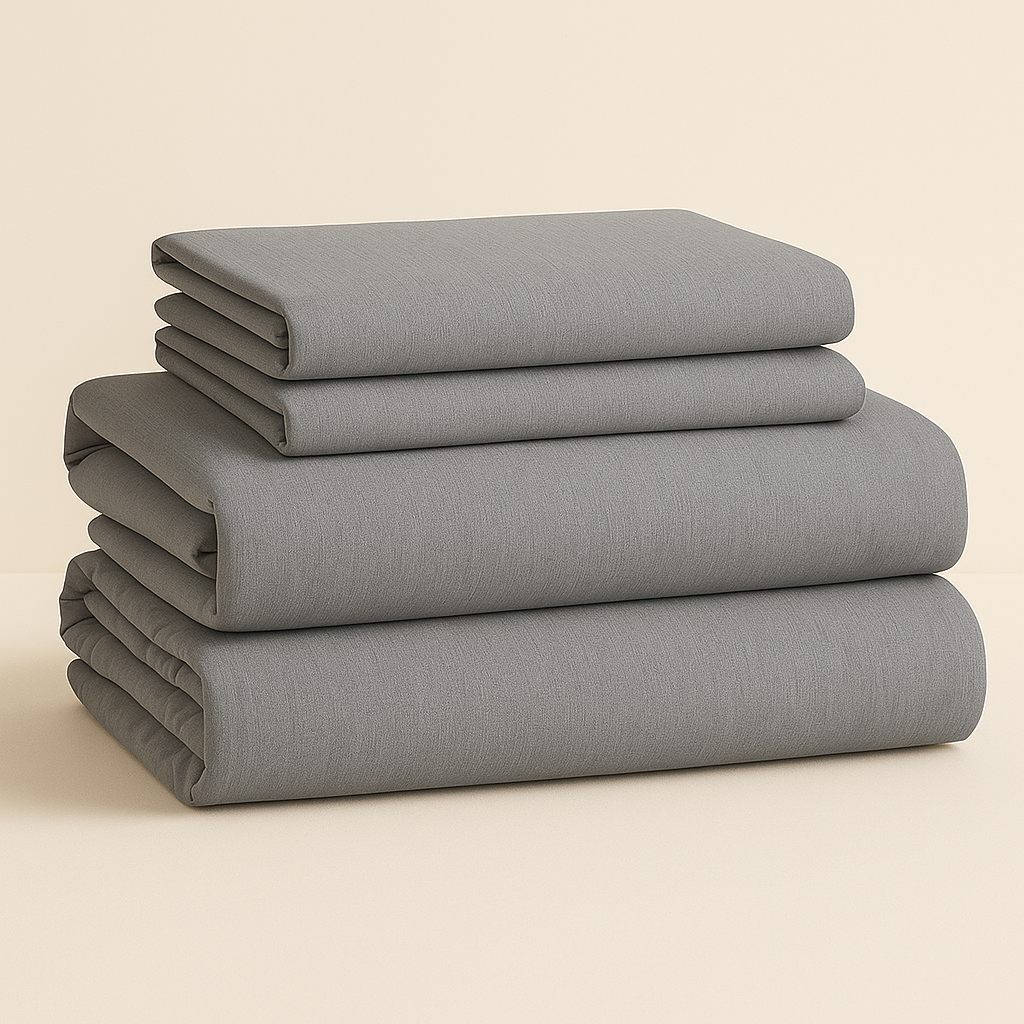 סט מצעים אפור מקופל בצורה מסודרת, כולל סדין, ציפית וציפת שמיכה עשויים כותנה טבעית – דגם Dream Basic מבית DreamIt.