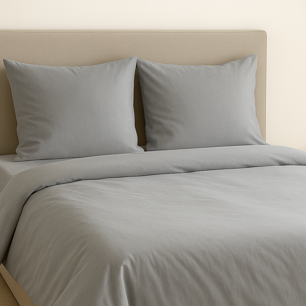 סט מצעים 100% כותנה בצבע אפור בהיר על מיטה זוגית עם שתי כריות תואמות, בעיצוב מינימליסטי ונקי – דגם Dream Basic מבית DreamIt.