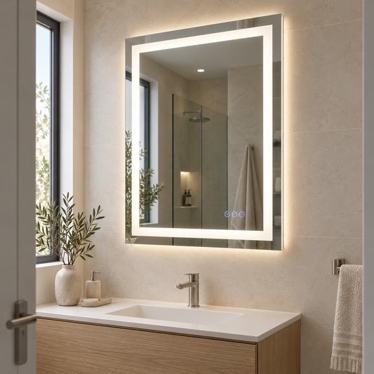 מראת קיר מלבנית עם תאורת לד ומפיג אדים 100×80 ס״מ - דגם Glow
