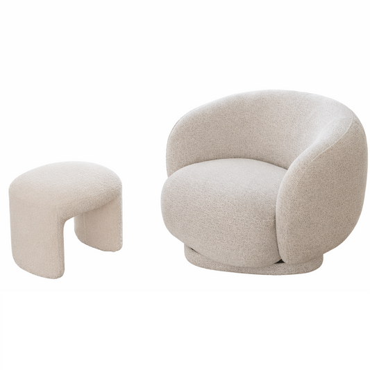 כורסה עגולה והדום תואם מבד בוקלה בצבע שמנת – סט Cloudy + Hug של Dream It