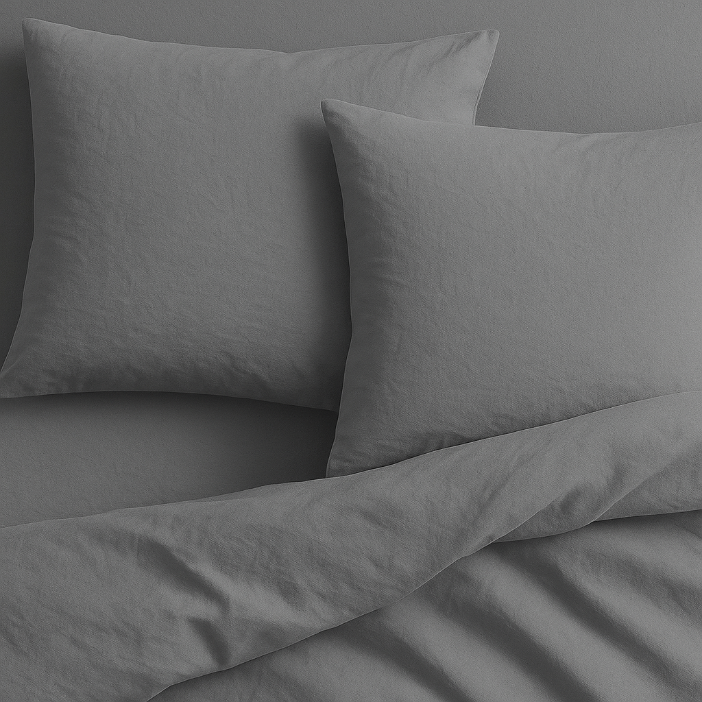 תקריב על מצעי כותנה אפורים במראה טבעי ורך, המדגיש את הגימור הפשוט והאלגנטי – דגם Dream Basic מבית DreamIt.