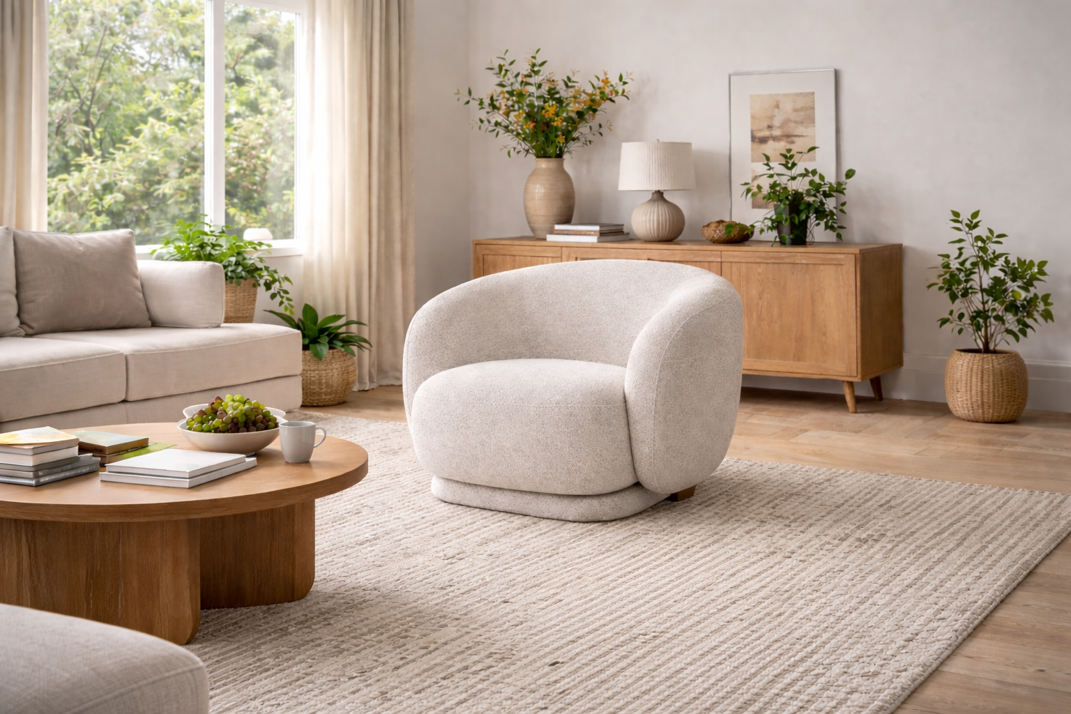 כורסה בוקלה מסתובבת דגם Cloudy בסלון ישראלי