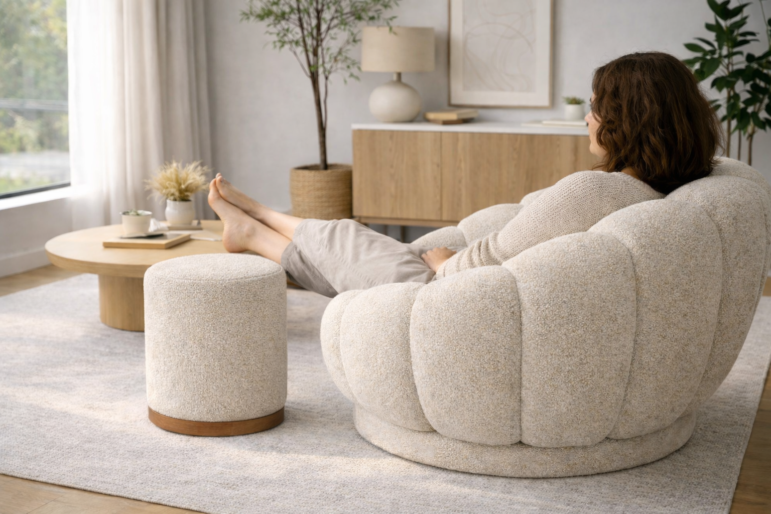 באנדל כורסה בוקלה מסתובבת + הדום בוקלה Flower Cloud Set סלון