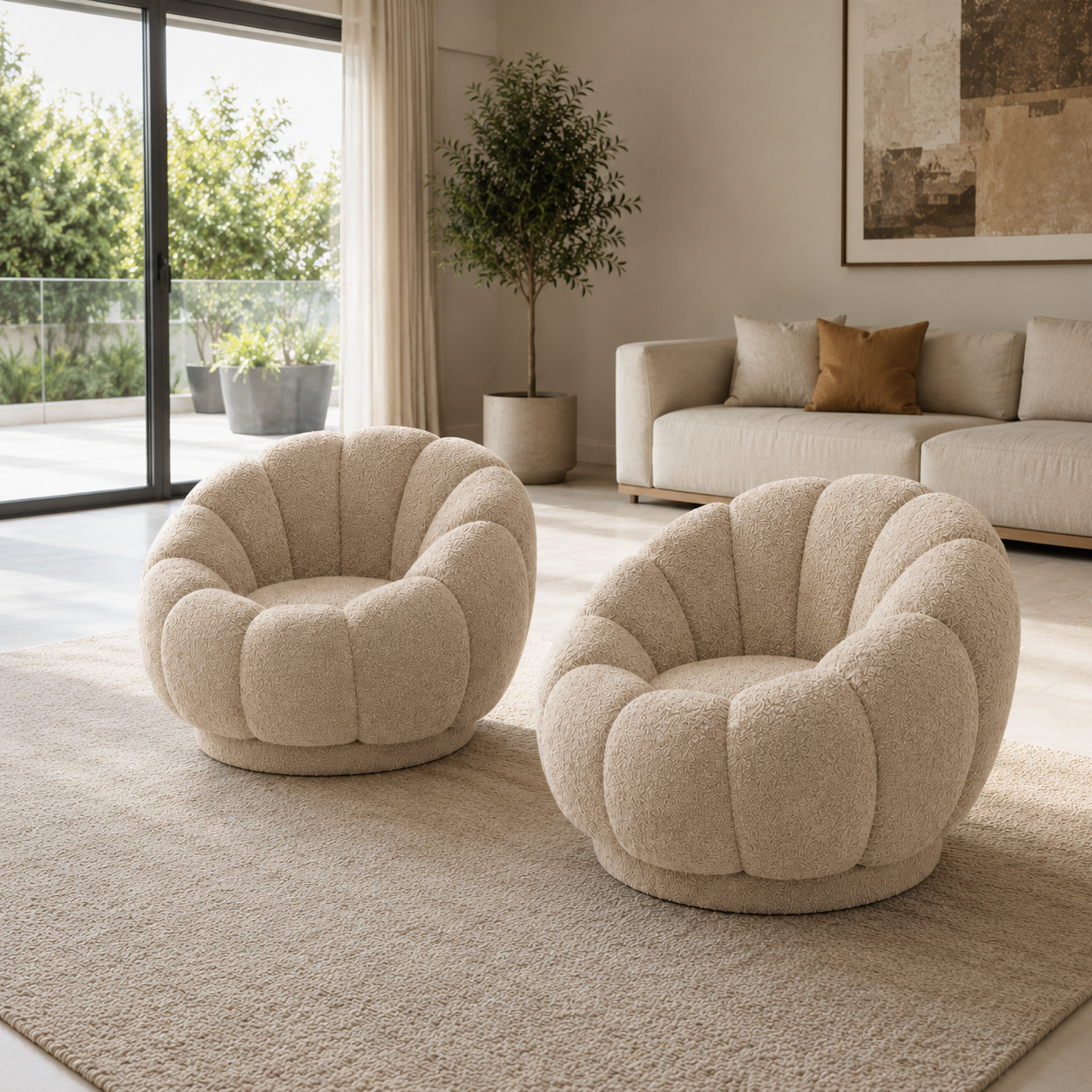 זוג כורסאות בוקלה מסתובבות מעוצבות דגם Flower Duo