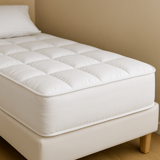 תקריב של טופר מזרן לבן בעיצוב מרופד עם תפרים ריבועיים, פרוס ומודגש על מזרן מיטת יחיד, בצילום מוקפד שמציג את עובי השכבה והמרקם הרך – רקע בגוון בז' עם רצפת פרקט, מתאים לבתי מלון ומוסדות בריאות.