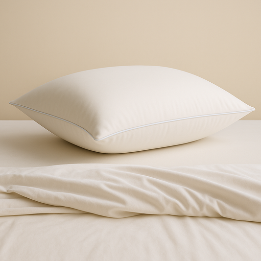 כרית שינה בצבע שמנת מונחת על מיטה עם סדין ושמיכה בגוונים בהירים ורקע קיר בגוון בז' בהיר – מראה רך, נקי ומוקפד, מושלם לחדרי אירוח, קליניקות ובתי מלון.