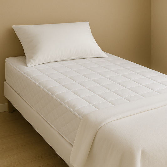 מיטה מוסדית מסודרת עם מגן מזרן לבן מרופד בתפר ריבועי, פרוס בצורה מתוחה ואסתטית על המזרן, לצד כרית תואמת ורקע קיר בגוון בז' חמים – אידיאלי לבתי מלון, קליניקות ומוסדות בריאות.