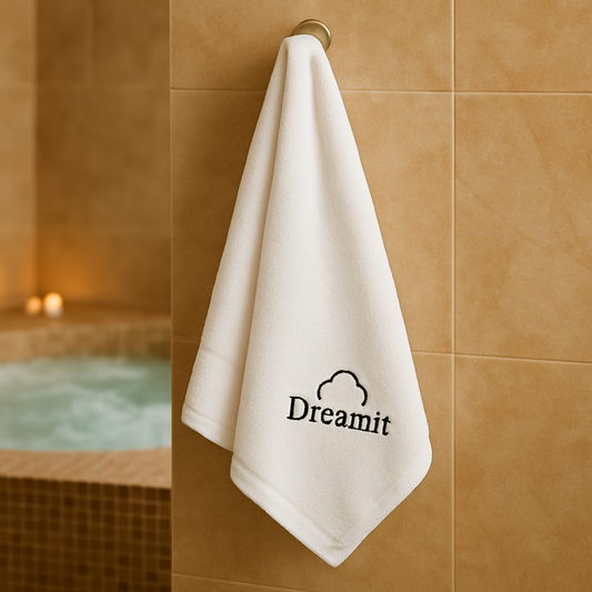 מגבת רחצה לבנה ואיכותית לשימוש בספא או בבית מלון, עבה במיוחד ומהירה לייבוש, עם רקמת לוגו Dreamit – מוצגת מקופלת על רקע בגוון שמנת חמים. מושלמת לאירוח יוקרתי, חוויית ספא או שימוש מוסדי.