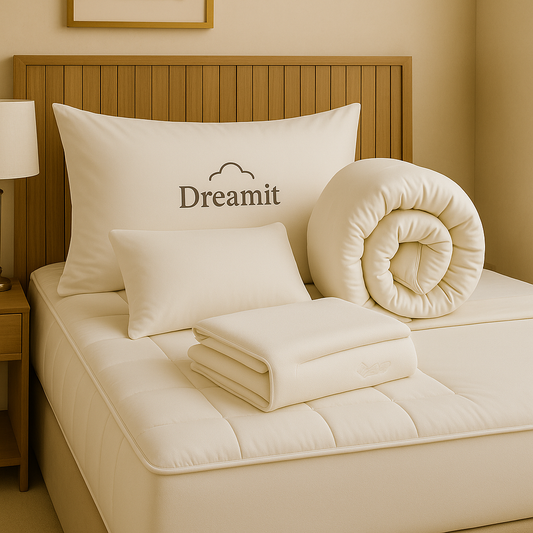 סט מצעים יוקרתי בצבע שמנת על רקע חדר מעוצב בסגנון חמים ונקי – כולל מזרן מרופד, טופר איכותי, מגן מזרן, כרית ראש, כרית ממותגת עם רקמת Dreamit, וציפה מקופלת. אידיאלי לבתי מלון פרימיום, סוויטות אירוח ומוסדות יוקרתיים.