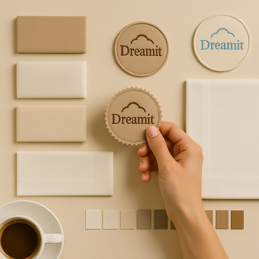 סט מצעים בהתאמה אישית מבית Dreamit – יד בוחרת תג רקום מתוך קולקציית דוגמיות בד פרימיום בגווני לבן, שמנת ואפור, המסודרות בקפידה על שולחן אסתטי בגוון חול טבעי. לצדן מונחת כוס קפה איכותית, המשדרת חוויית תכנון רגועה ומוקפדת. הדמיה זו נועדה לבטא את תהליך העיצוב האישי: בחירת רקמה, בד, גוון וסגנון תפירה – בהתאמה מלאה לצרכי לקוחות יוקרתיים בתחומי המלונאות, הסיעוד והאירוח המוסדי. שילוב של אלגנטיות, פונקציונליות ואפשרויות בלתי מוגבלות לעיצוב מותאם.