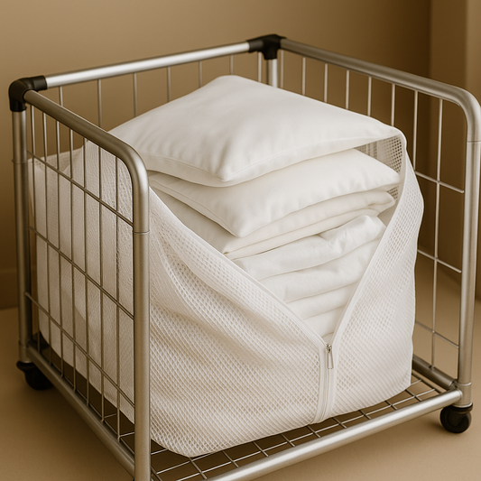 שקית כביסה רשת יוקרתית עם רוכסן בתוך עגלת כביסה מוסדית מתכתית – מלאה בציפיות וסדינים מקופלים בגוון שמנת. אידיאלי לשימוש בבתי מלון, מוסדות רפואיים, בתי אבות וסוויטות אירוח. התמונה ממחישה סדר, אוורור והיגיינה בתהליך איסוף הכביסה.