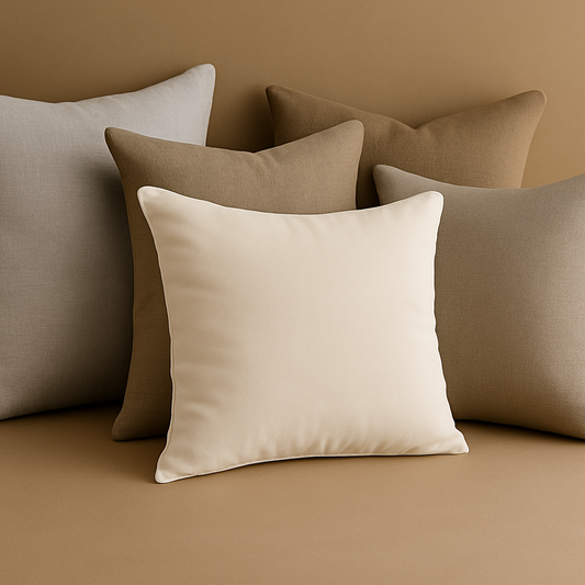 קולקציית כריות נוי בגוונים טבעיים – אפור, קפה, טאופ, בז' ושמנת – מסודרות בשכבות על רקע חמים בגוון חול. הכריות בעיצוב נקי ומודרני, מתאימות לשימוש במלונות, בתי אבות וסוויטות יוקרה, ומשדרות רכות, סטייל והתאמה מושלמת לעיצוב מוסדי.