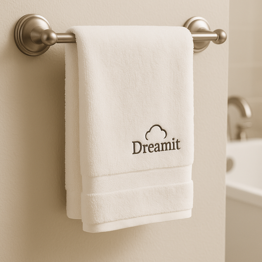 מגבת ידיים לבנה יוקרתית של Dreamit תלויה בחדר אמבטיה מודרני, עם לוגו רקום בצד הימני התחתון ופס עיטור בחזית – אידיאלית לשימוש במלונות, חדרי אירוח ומוסדות פרימיום.