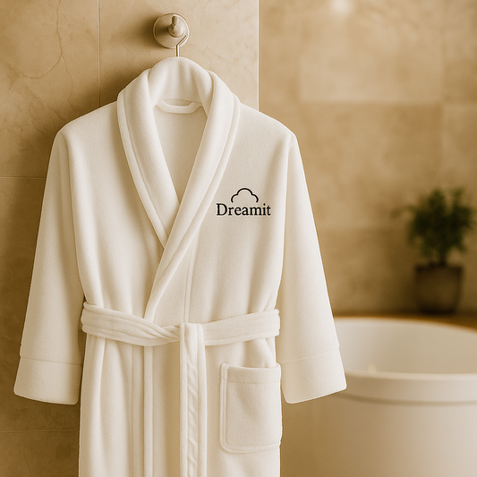 חלוק רחצה לבן מפנק ממותג Dreamit – בעיצוב אלגנטי, תלוי על וו בחדר רחצה יוקרתי עם רקע מטושטש של שיש ועץ, מתאים לשימוש במלונות, ספא ומתחמי אירוח מוסדיים.