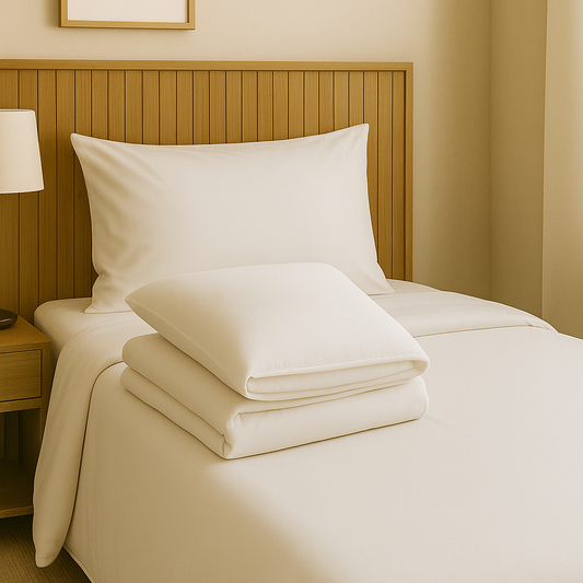 סט מצעים מוסדי מלא על מיטת יחיד בחדר מלון מעוצב – כולל ציפה, סדין, ציפית ושמיכת פוך עבה, מוצג על רקע עץ בהיר ונקי, בעיצוב מודרני ונעים לעין, מותאם לשוק המלונאות והאירוח.