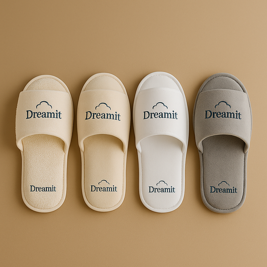 ארבעה זוגות כפכפי בית מלון עם רקמת לוגו Dreamit – מוצגים בשורה על רקע בגוון בז'. הכפכפים בעיצובים שונים ובגווני שמנת, לבן ואפור, עשויים מבד מגבת, קטיפה ובד סינתטי. כל זוג ממותג עם לוגו ברור בחלק העליון ובסוליה, להמחשת התאמה מלאה לבתי מלון, ספא, קליניקות ומוסדות יוקרתיים.