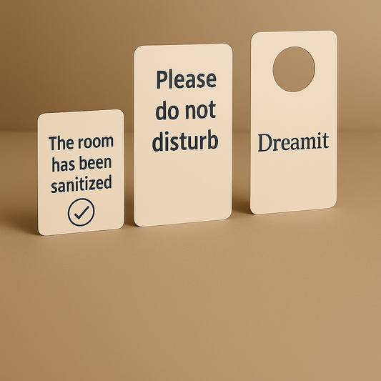 שלושה שלטי תלייה לדלתות בצבעים בהירים, בעיצוב נקי ללא טקסט – מתאימים לבתי מלון, קליניקות והוסטלים לאירוח מקצועי.