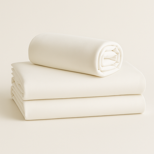סט מצעים לבן מקופל מבד מיקרופייבר רך ונעים מונח על רקע לבן נקי, משדר תחושת רכות, ניקיון וקלילות.