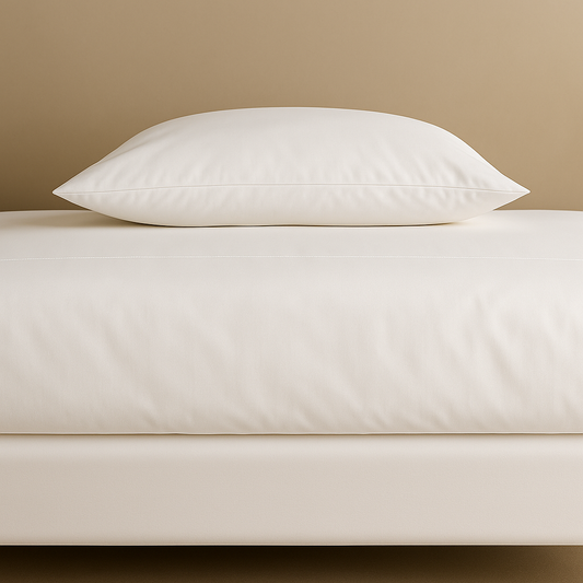 ציפה לפוך מוסדי בצבע לבן מתוחה על מיטת מלון – מציגה מראה נקי, יוקרתי ומתאים למוסדות אירוח ובריאות