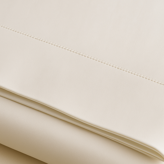 קלוז־אפ של סדין שטוח לבן בגימור יוקרתי – מציג את מרקם הבד והאיכות המוסדית המתאימה לבתי מלון, צימרים ומוסדות בריאות.