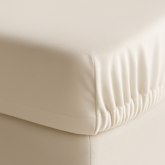 תקריב על בד סדין עם גומי לבן יוקרתי למלונות ובתי הבראה – הדגשת טקסטורת הבד והגימור האלסטי