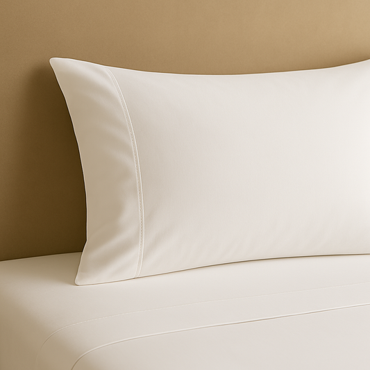 ציפית כרית מוסדית מתוחה על מיטת בית מלון, עשויה בד לבן איכותי ורך