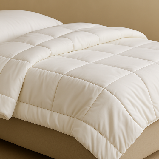 קלוז-אפ של שמיכת פוך מוסדית בצבע לבן פרוסה על חלק מהמיטה, מדגישה את הרכות, העובי והאיכות, לשימוש במלונות, צימרים ומוסדות בריאות.