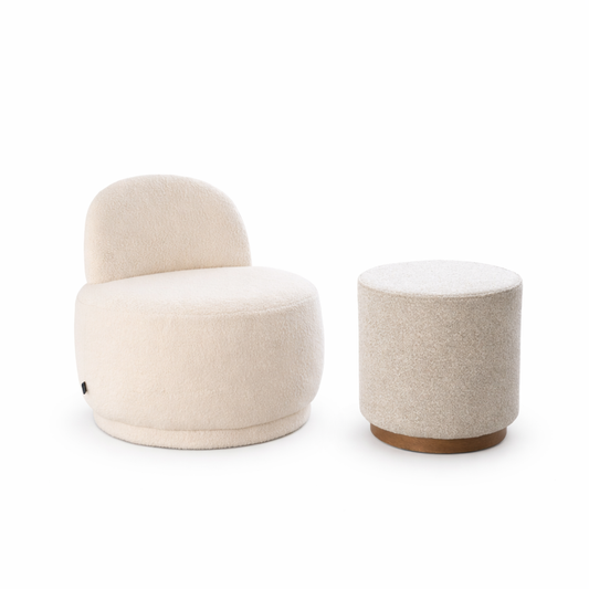 כורסה עגולה עם הדום תואם מבד בוקלה בצבע שמנת – Dream It