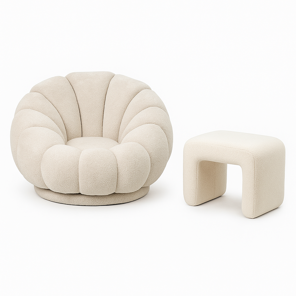 כורסה מסתובבת Flower מבד בוקלה בצבע אבן בהיר לצד הדום Hug קטן יותר בגוון שמנת, בעיצוב יוקרתי ומודרני מבית Dream It – סט ריהוט סקנדינבי מושלם לסלון או חדר שינה.