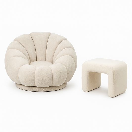 כורסה מסתובבת Flower מבד בוקלה בצבע אבן בהיר לצד הדום Hug קטן יותר בגוון שמנת, בעיצוב יוקרתי ומודרני מבית Dream It – סט ריהוט סקנדינבי מושלם לסלון או חדר שינה.