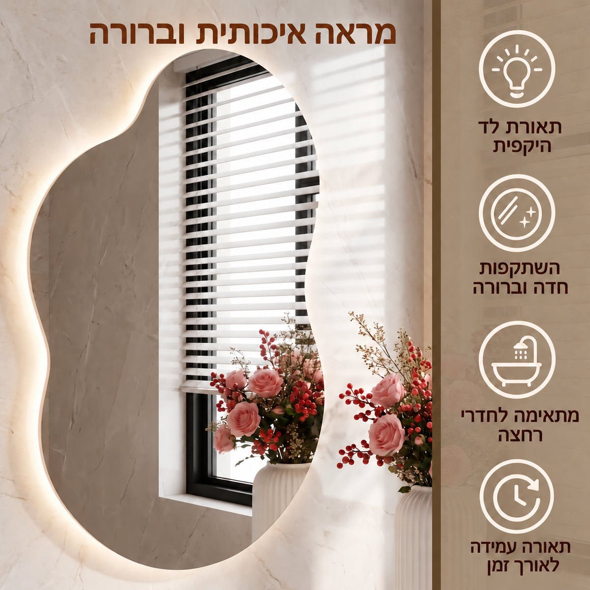 מראת Halo עם תאורת לד היקפית והשתקפות ברורה – תמונת יתרונות המוצר