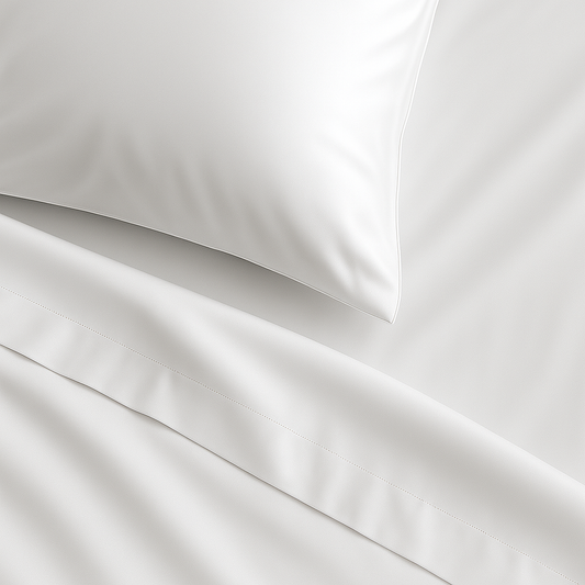 תקריב על מצעי כותנה סאטן לבנים, המדגיש את המרקם הרך והמבריק של הבד – דגם Dream Luxe מבית DreamIt.