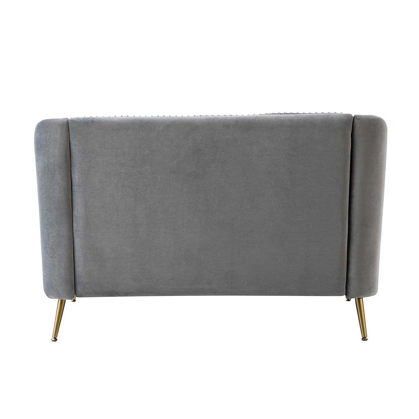 גב הספה הדו־מושבית דגם Evelyn בגוון אפור בהיר מבד קטיפה יוקרתי, עם רגליים מתכתיות בגוון זהב מט בעיצוב מודרני.