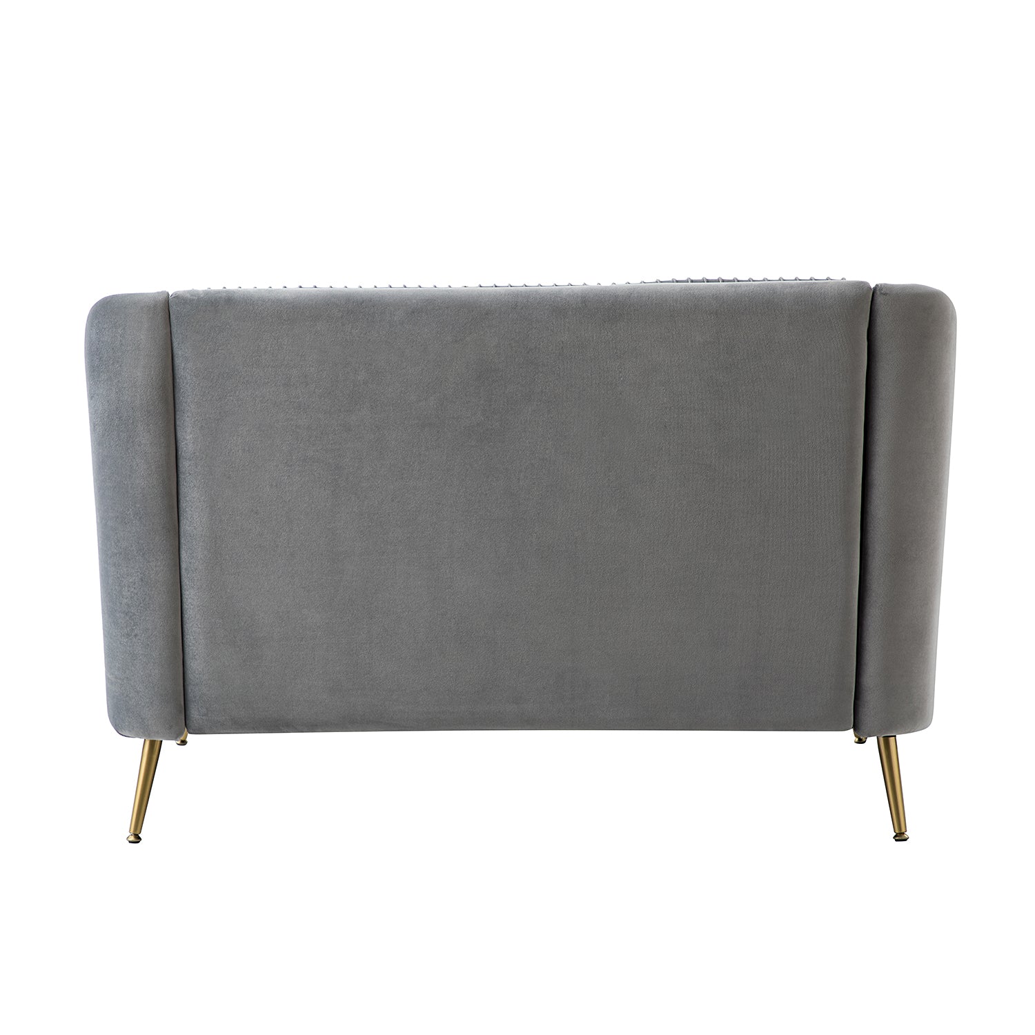 גב הספה הדו־מושבית דגם Evelyn בגוון אפור בהיר מבד קטיפה יוקרתי, עם רגליים מתכתיות בגוון זהב מט בעיצוב מודרני.