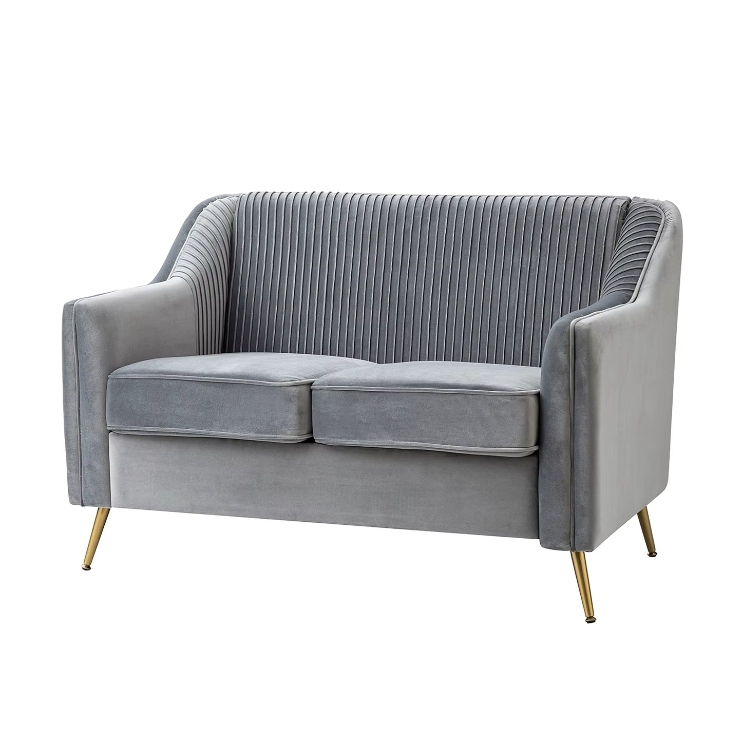 ספה דו־מושבית דגם Evelyn בעיצוב מודרני, עם ריפוד קטיפה אפור ורגליים מוזהבות – שילוב של יוקרה ונוחות.