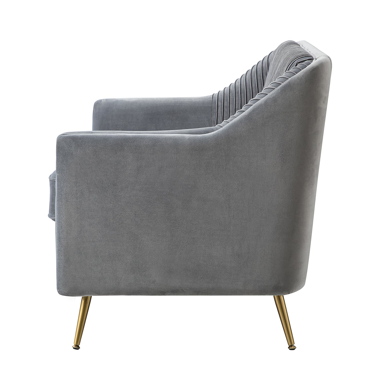 מבט צד על ספת Evelyn בגוון אפור קטיפתי עם משענות יד מעוגלות ורגליים מוזהבות – עיצוב אלגנטי לסלון מודרני.