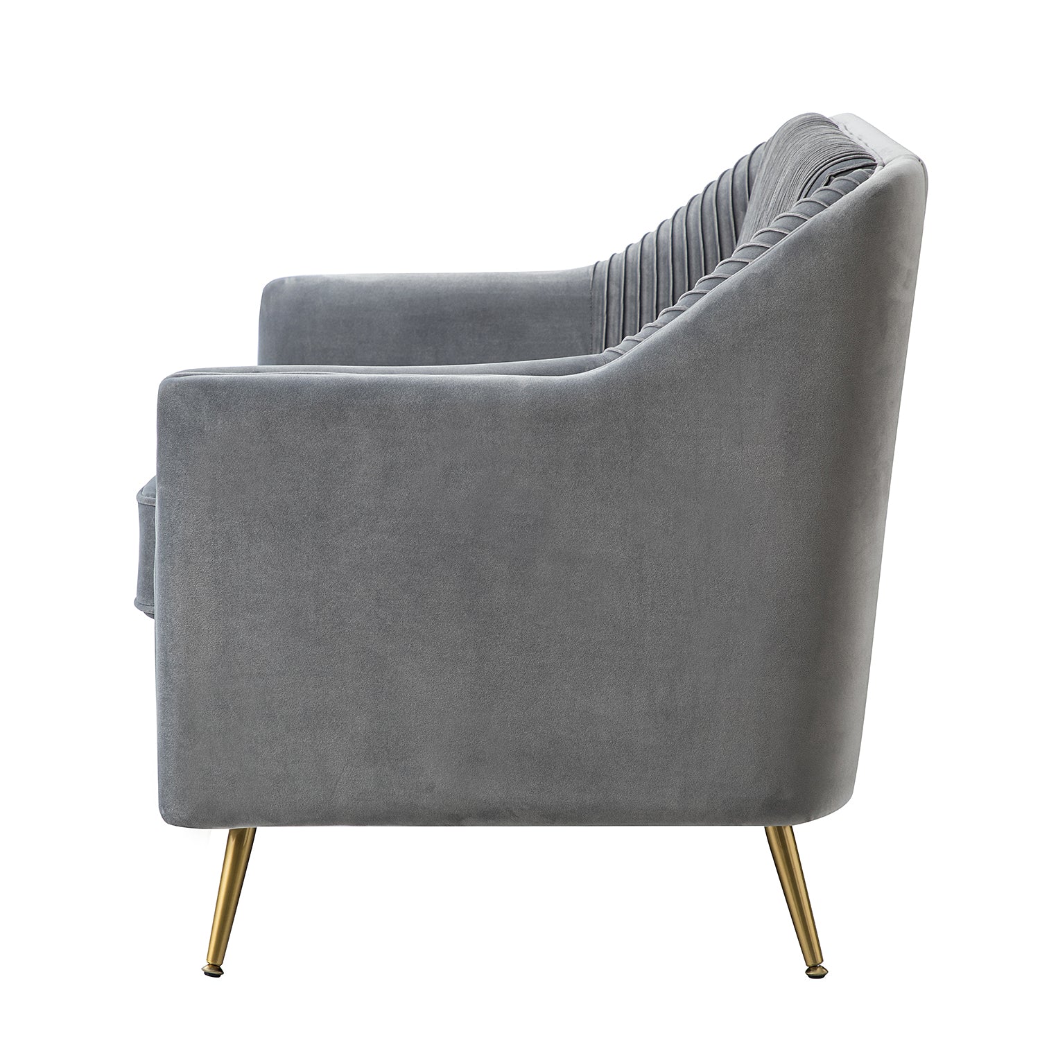 מבט צד על ספת Evelyn בגוון אפור קטיפתי עם משענות יד מעוגלות ורגליים מוזהבות – עיצוב אלגנטי לסלון מודרני.