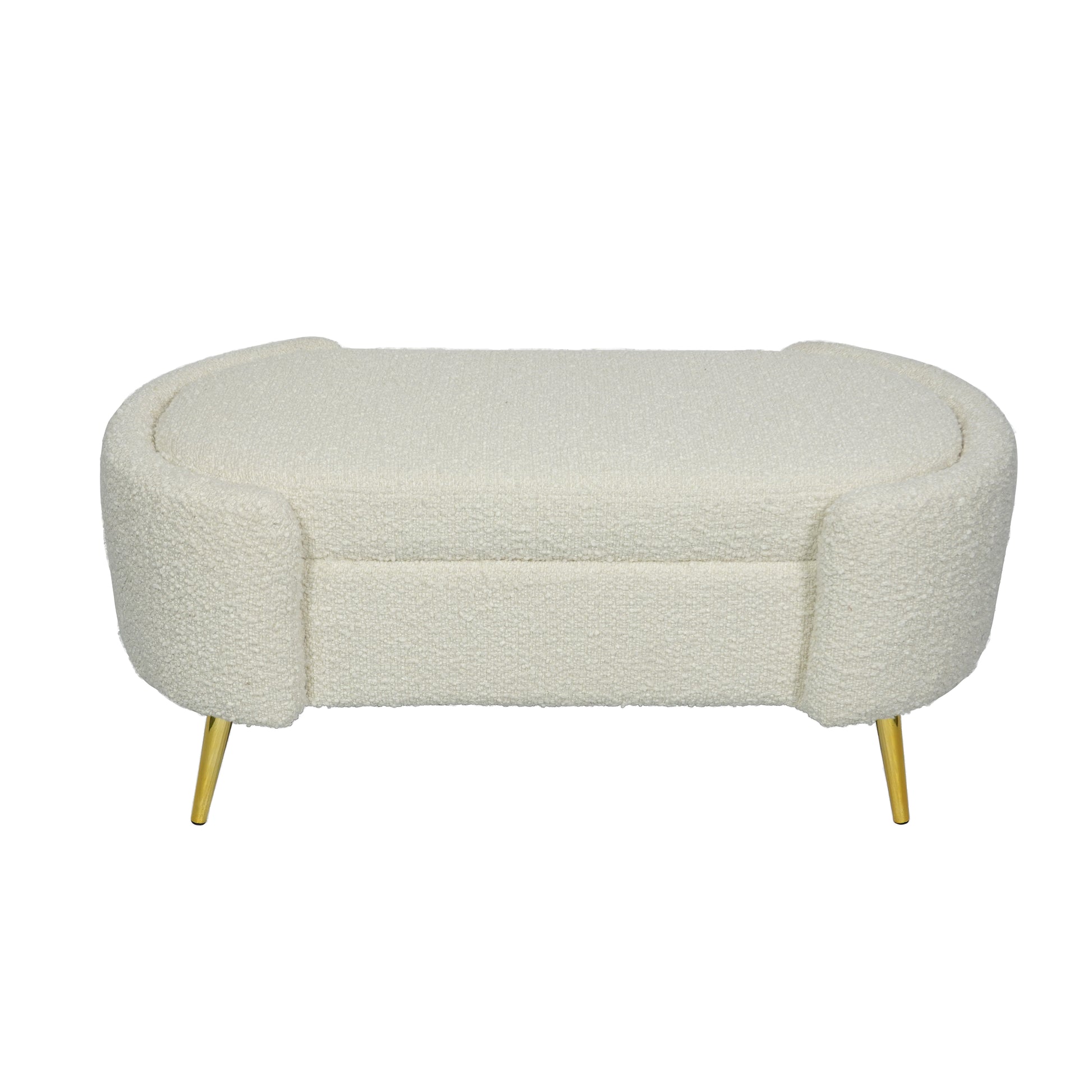 גרסה בגוון אפור כהה של ספסל אחסון Haven – ריפוד בוקלה נעים למגע ורגלי מתכת מוזהבות בעיצוב יוקרתי.