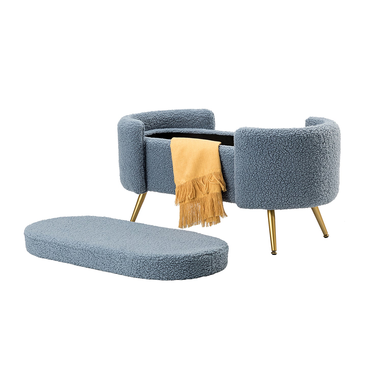 ספסל אחסון DreamIt Haven תכלת מעושן – רגלי זהב אלגנטיות, מושב מרופד וריפוד בוקלה במרקם רך.