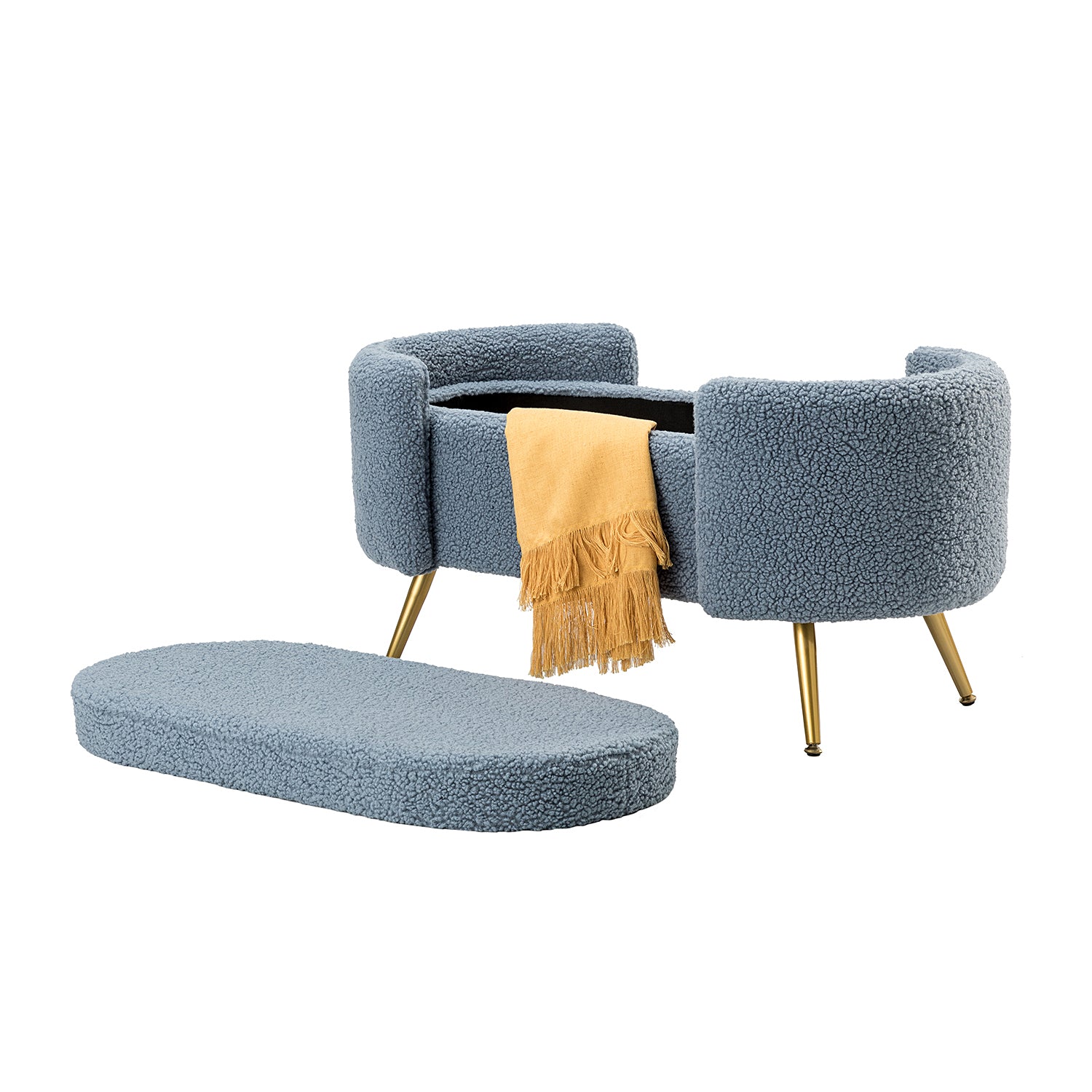 ספסל אחסון DreamIt Haven תכלת מעושן – רגלי זהב אלגנטיות, מושב מרופד וריפוד בוקלה במרקם רך.