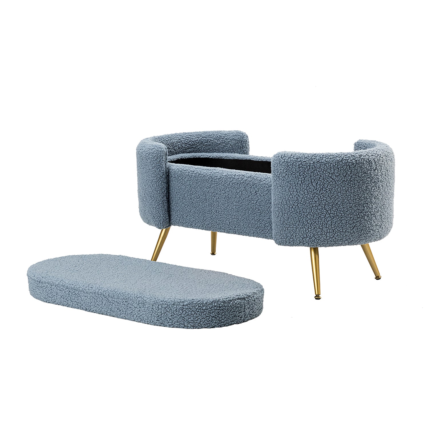 ספסל אחסון דגם Haven בגוון תכלת מעושן פתוח – חלל אחסון פנימי מרווח עם ריפוד נעים למגע.