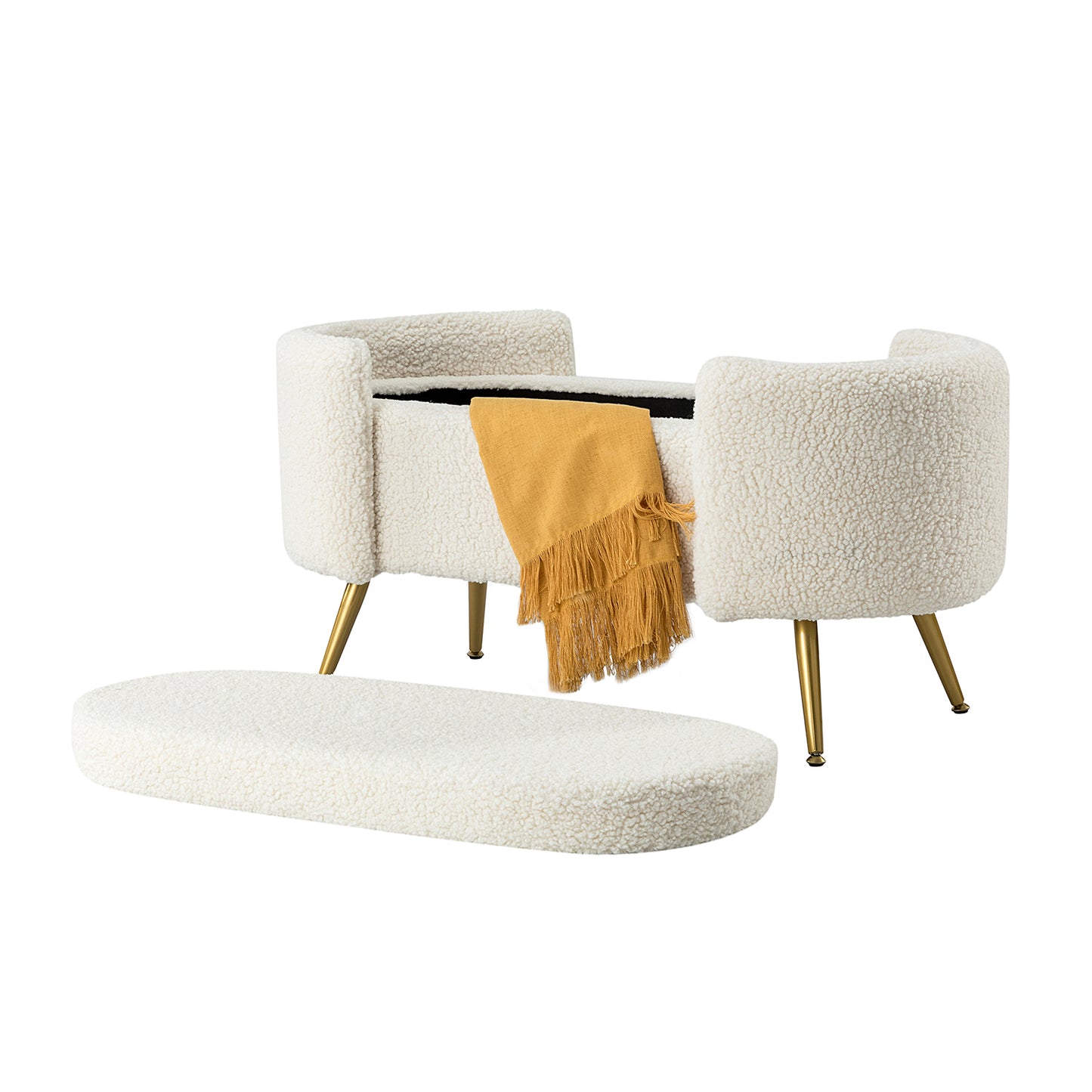 ספסל אחסון Haven פתוח – חלל אחסון מרווח עם מושב רך מבד בוקלה איכותי.