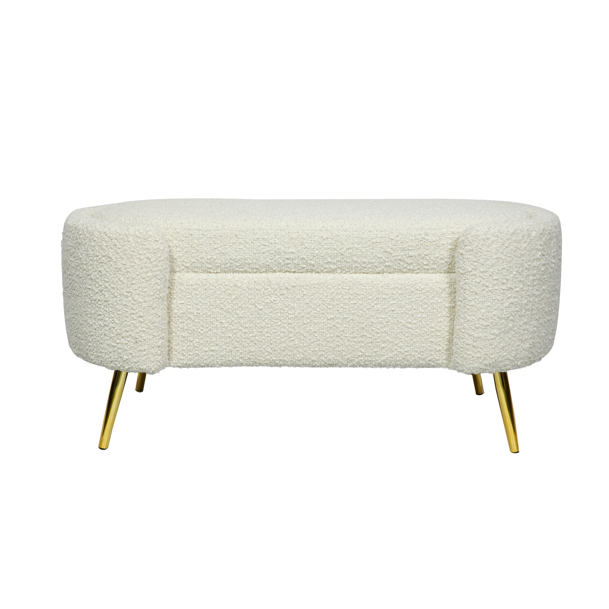 ספסל אחסון בוקלה דגם Haven בגוון שמנת עם רגלי מתכת מוזהבות – עיצוב יוקרתי המשלב נוחות ואלגנטיות לחללי הבית.