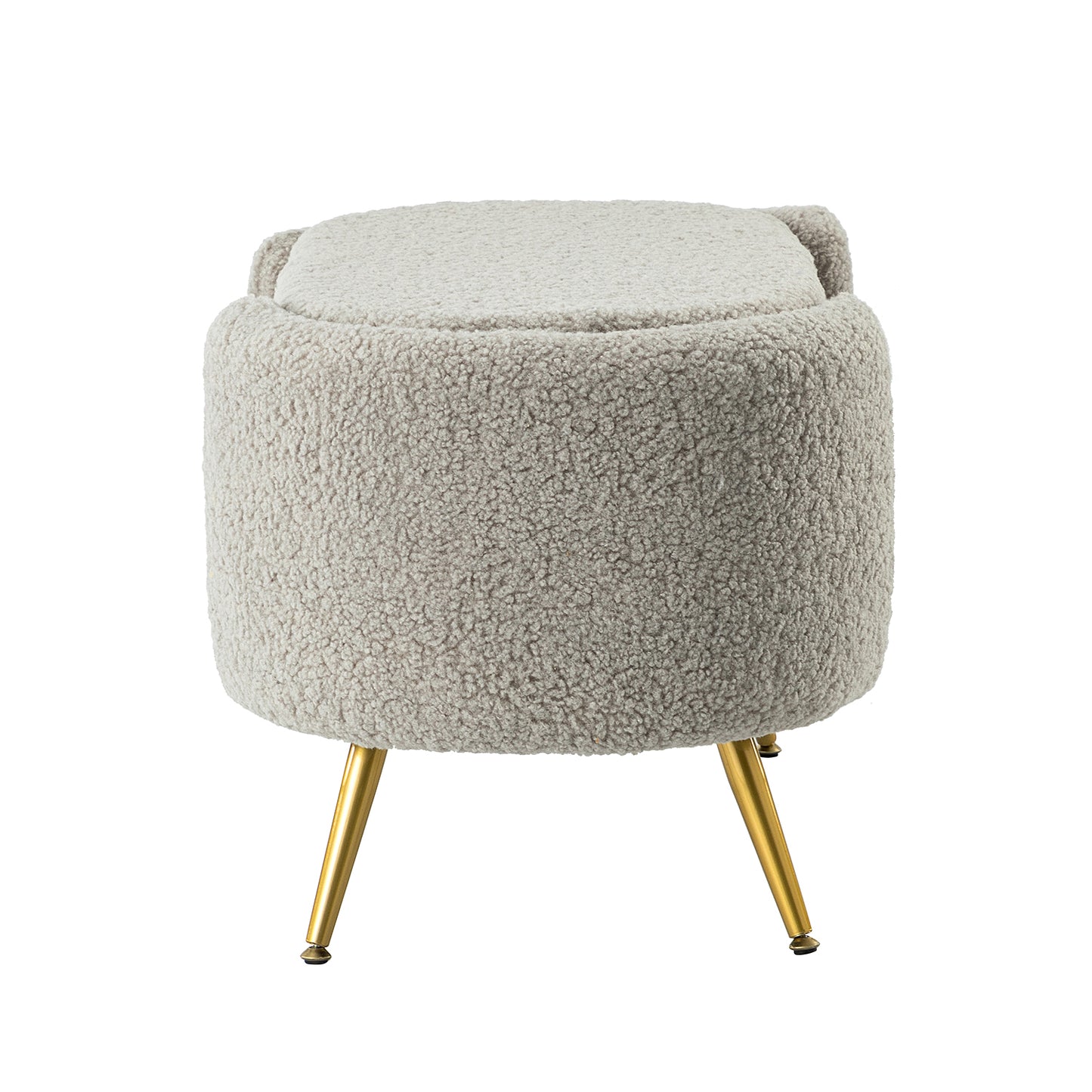 ספסל Haven אפור בהיר מזווית צד – מושב מרופד בבד בוקלה רך עם בסיס מתכת זהב יציב ומעודן.