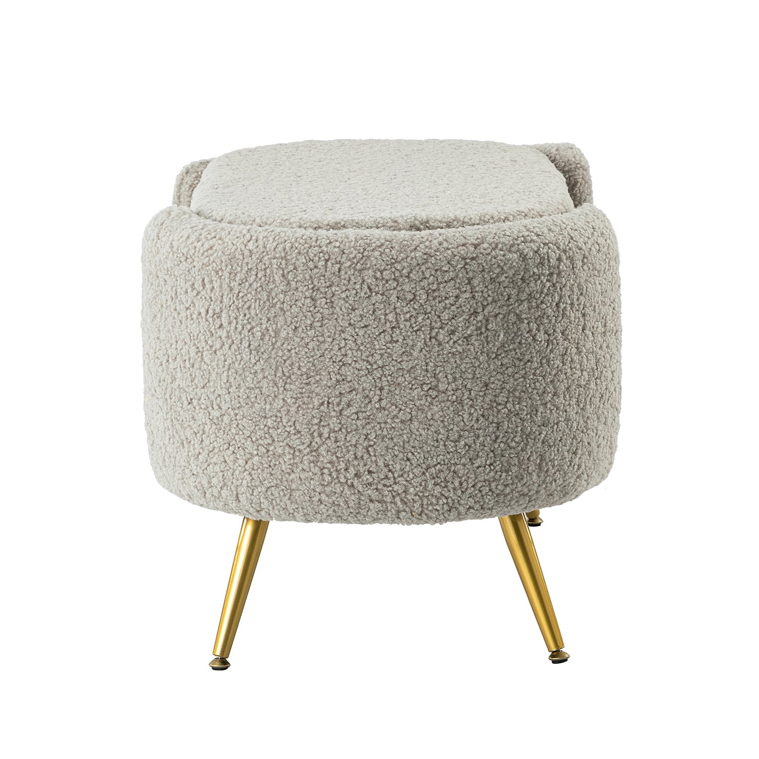 ספסל Haven אפור בהיר מזווית צד – מושב מרופד בבד בוקלה רך עם בסיס מתכת זהב יציב ומעודן.