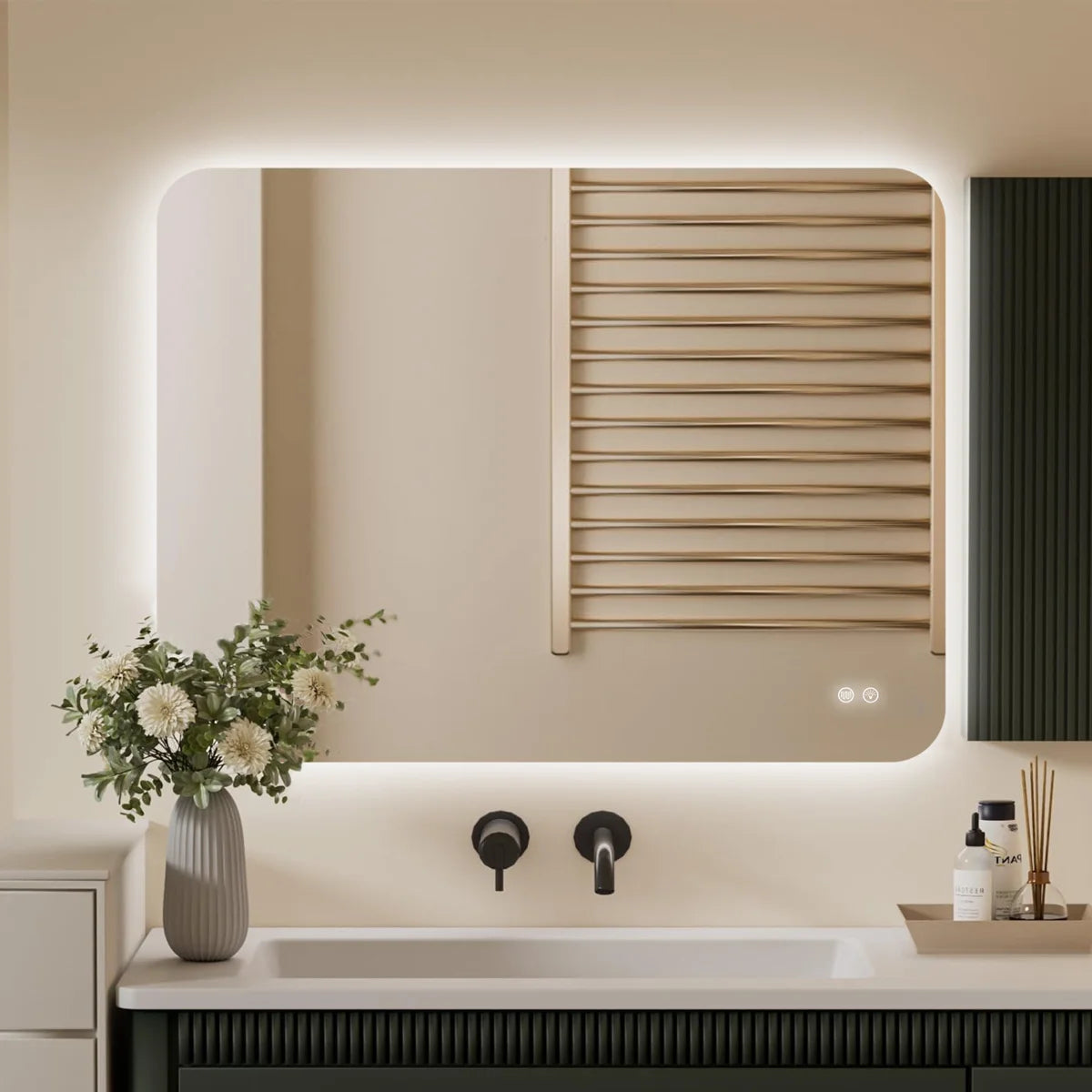 מראת קיר LED מלבנית 100×80 ס"מ עם מפיג אדים – דגם Lumi