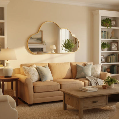 מראת Nimbus בגוון זהב בסלון מודרני ובהיר בגווני בז׳